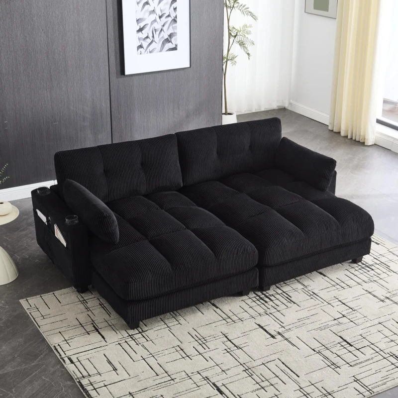 Das schwarze Cord-Doppelsofa verfügt über 2 Kissen, 4 Becherhalter und 4 Seitentaschen, kann in zwei unabhängige Sitze geteilt werden, 224L x 140B x 81H cm , Schwarz