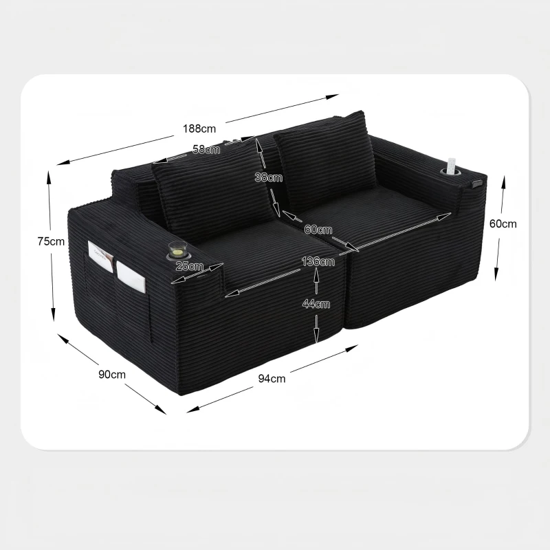 Modulares Doppelsitz-Cordsofa mit Becherhaltern und Seitentaschen, Federkern und hochdichtem Schaumstoff, 188L x 90B x 75H cm, Schwarz