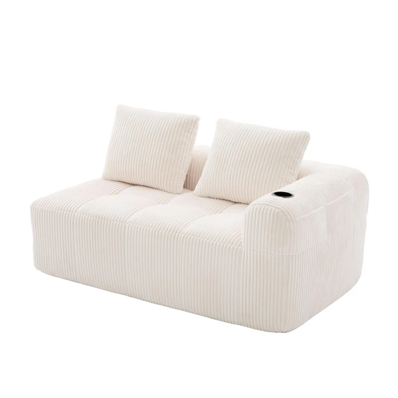 Bequemes Cordsofa mit zwei Sitzern, seitliche Aufbewahrungstasche für Fernbedienung und Handy, eingebauter Getränkehalter, 158X93X61 cm, Beige