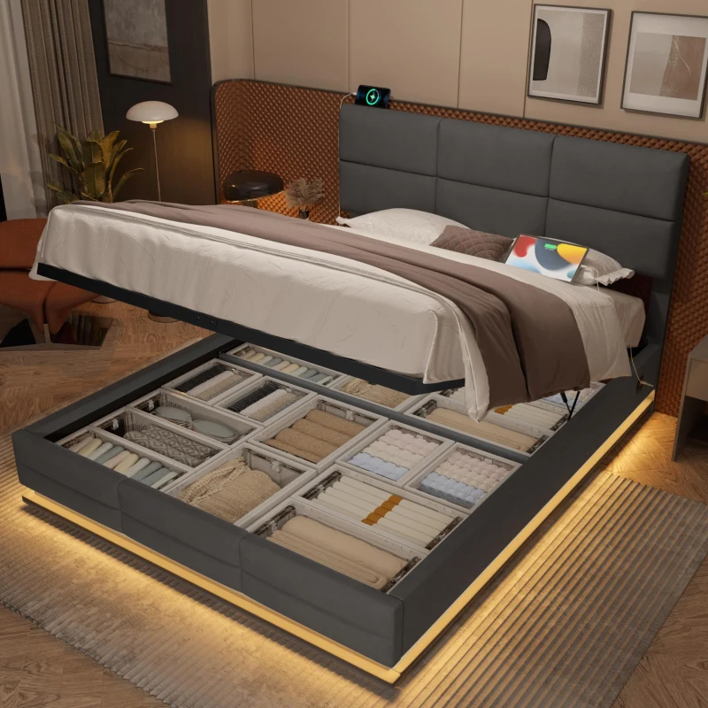 160x200 cm modernes Samtkissenbett, ausgestattet mit einem dreistufigen verstellbaren Kopfteil, einschließlich USB/Typ-C-Anschlüssen und LED-Umgebungsbeleuchtung, keine Matratze, 162L x 206B x 105-110-115H cm,Dunkelgrau