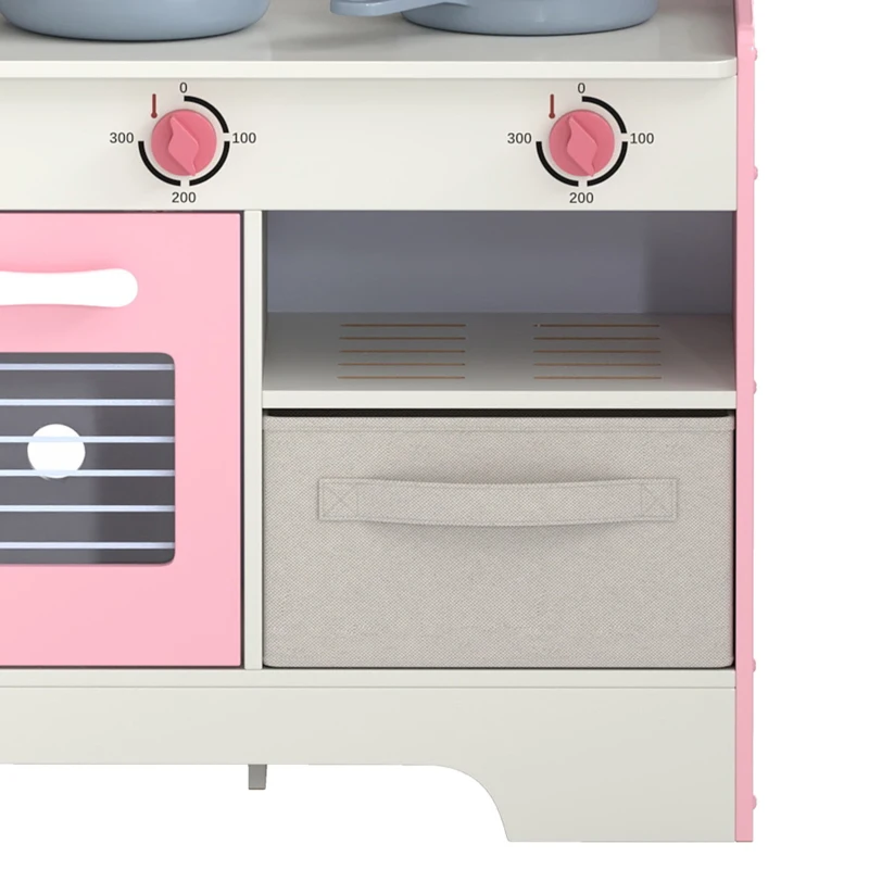 AIYAPLAY Kids Play Kitchen with Lights & Sounds, Pretend Play Toy set with Fabric Drawer, 5-Piece Accessories for 3-6 Years, Pink