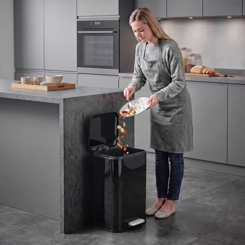 HOMCOM 20 L Kitchen Pedal Bin, Metal Rubbish Bin with Removable Inner Bucket, Soft-Close & Stay-Open Lid, High Gloss Black