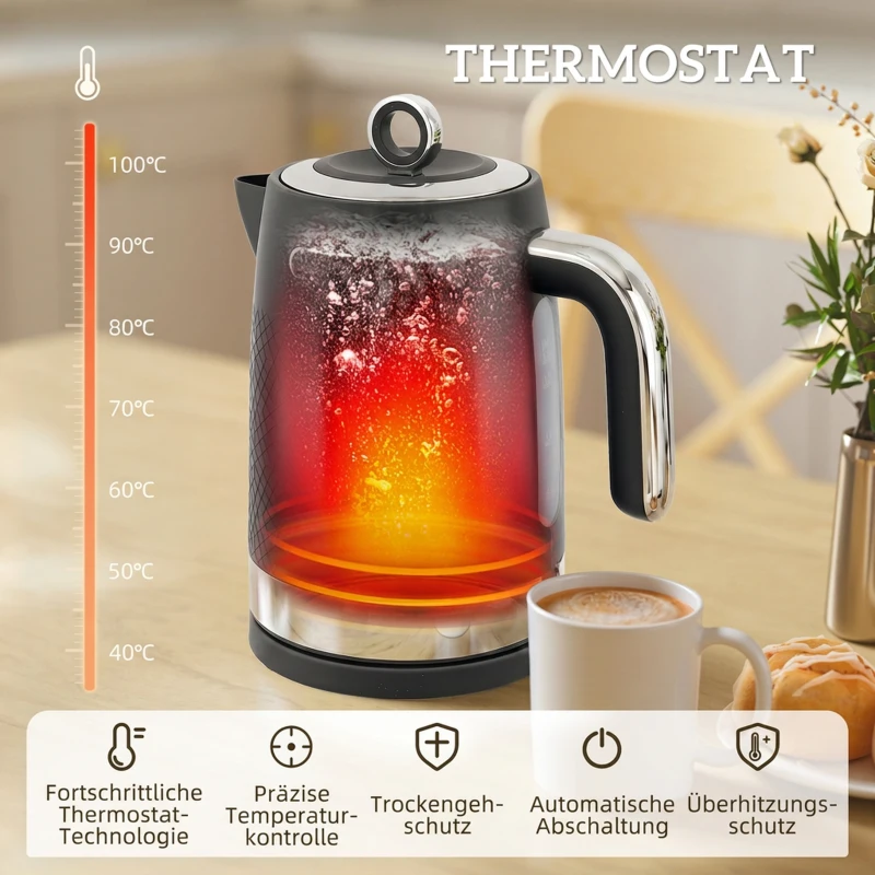 HOMCOM waterkoker- en broodroosterset, 1,7 l 2200 W snelkokende waterkoker met thermostaat, 2-sleufs broodrooster, grijs