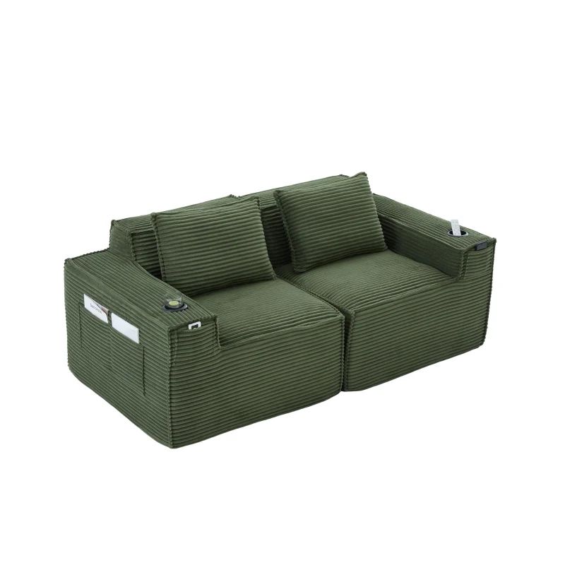 Modulares Doppelsitz-Cordsofa mit Becherhaltern und Seitentaschen, Federkern und hochdichtem Schaumstoff, 188L x 90B x 75H cm, Grün