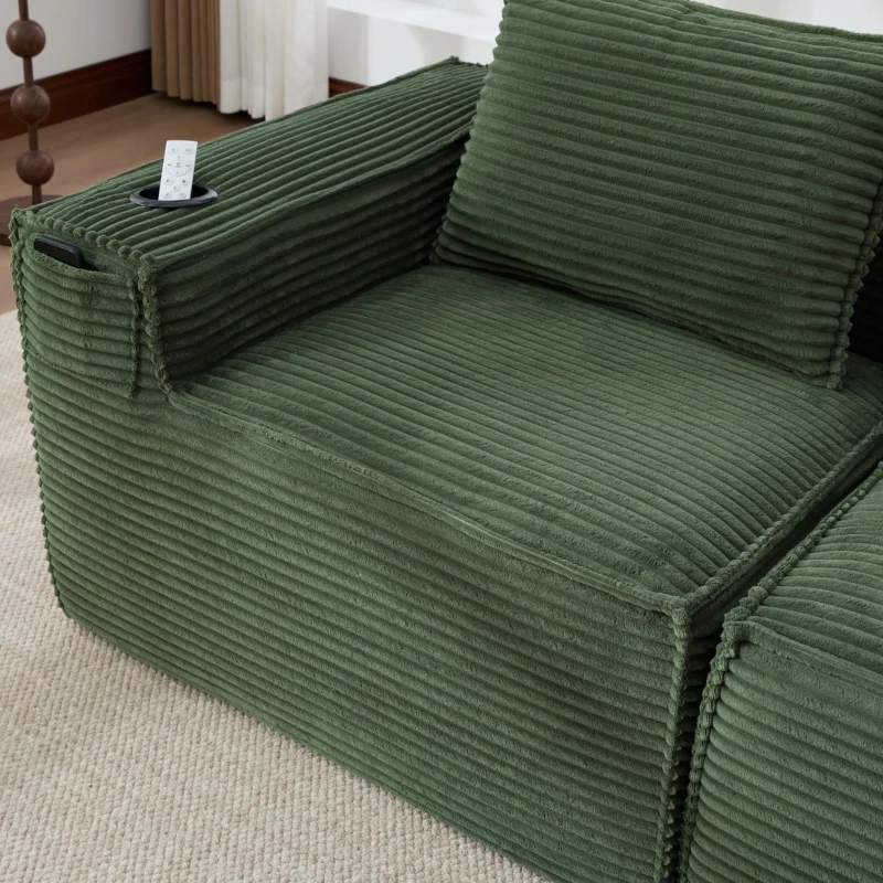 Modulares Doppelsitz-Cordsofa mit Becherhaltern und Seitentaschen, Federkern und hochdichtem Schaumstoff, 188L x 90B x 75H cm, Grün