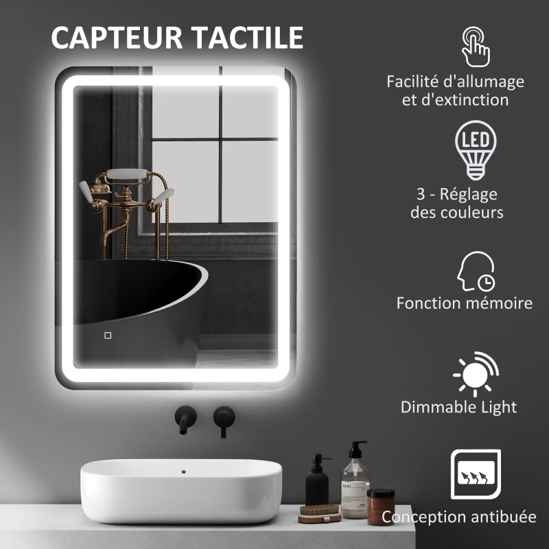 HOMCOM Miroir de salle de bain 60 x 80 cm, miroir LED mural avec 3 couleurs lumière, dimmable, mémoire, anti-buée, argent