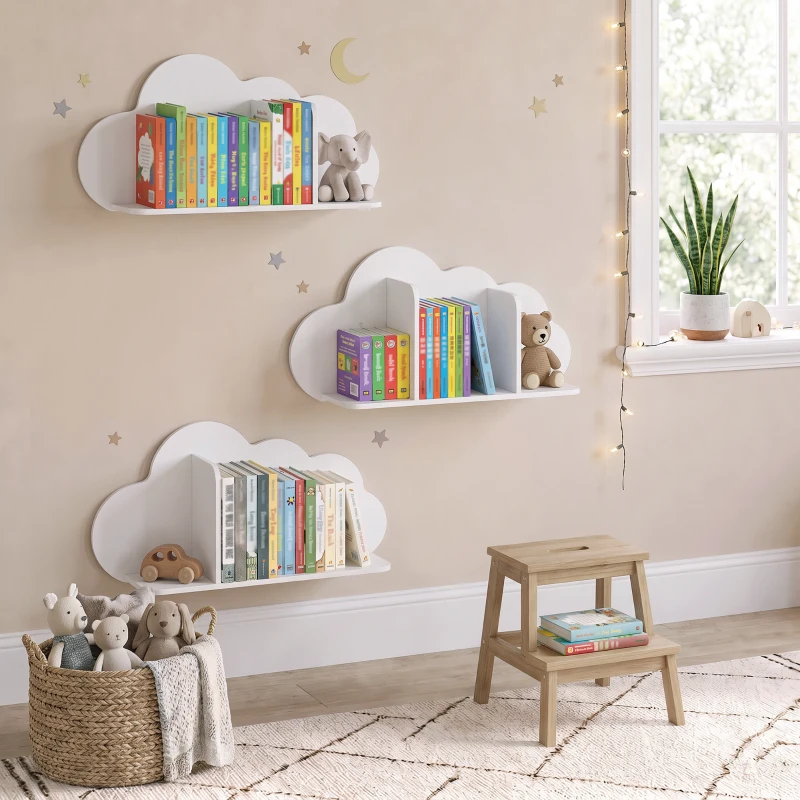 AIYAPLAY 3-delige wandboekenkast voor kinderen, 60 cm, zwevende Montessori boekenplanken in wolkvorm, wit, 3-8 jaar