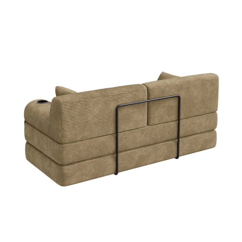 Doppeltes komprimiertes Cordsofa, Metallrahmen, 2 Becherhalter und 4 Seitentaschen, 168L x 80B x 81H cm, Khaki
