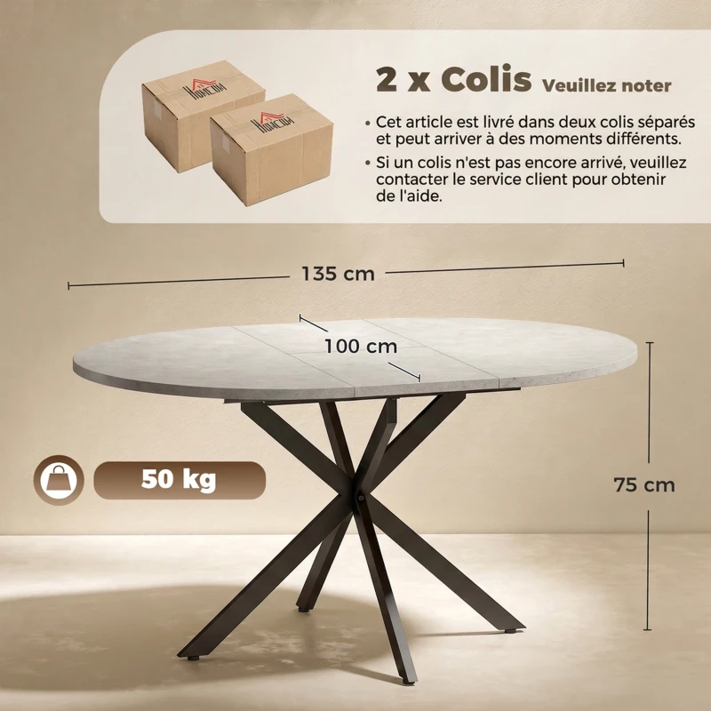 HOMCOM Table à manger extensible ovale pour 4 à 6 personnes, table de cuisine avec rallonge 100-135 cm, effet pierre grise