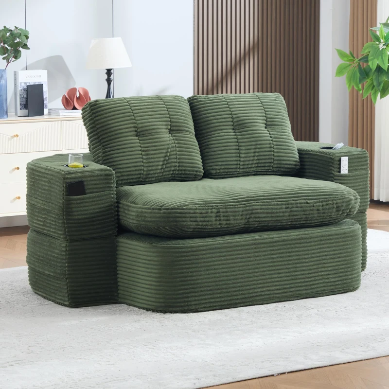 2-in-1 Cordsofa mit verstellbarer Funktion, 2 Getränkehaltern, hohe Rückenlehne und extra tiefe Sitzfläche, 165L x 97B x 61H cm, Smaragdgrün