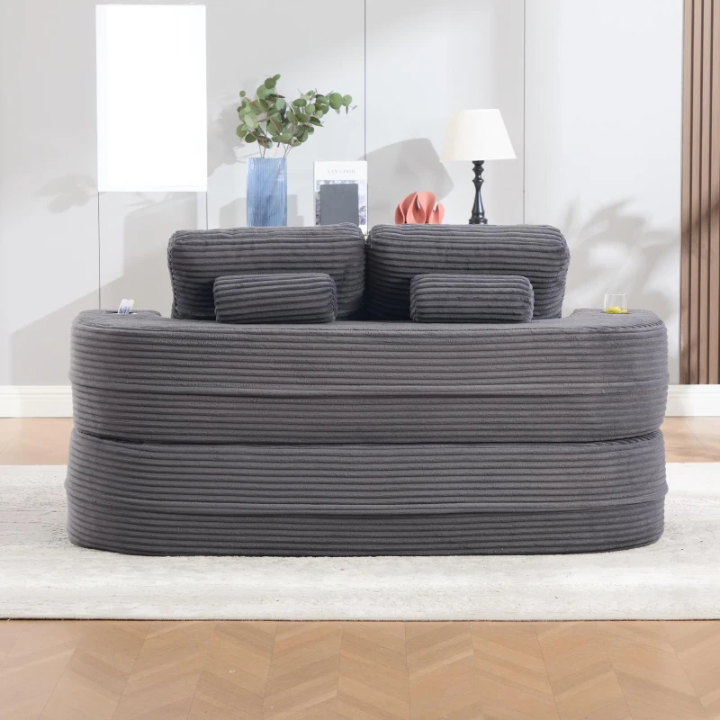 2-in-1 Cordsofa mit verstellbarer Funktion, 2 Getränkehaltern, hohe Rückenlehne und extra tiefe Sitzfläche, 165L x 97B x 61H cm,Dunkelgrau