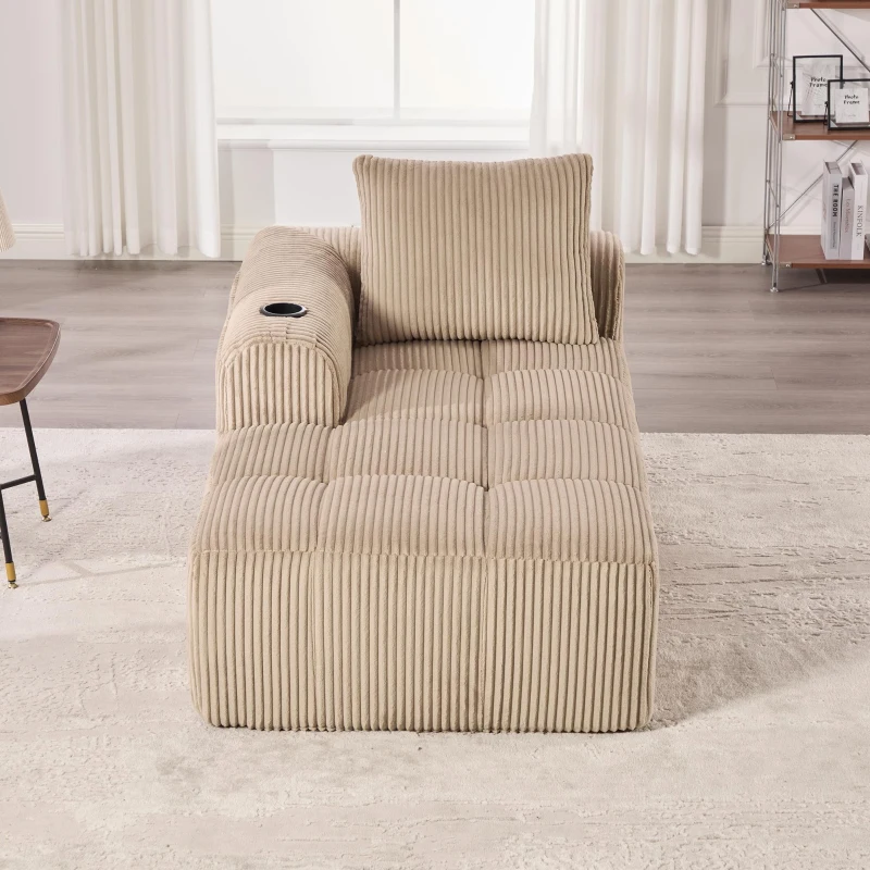Bequemes Cordsofa mit Rückenlehne, seitlichen Aufbewahrungstaschen für Fernbedienung und Handy, eingebauter Getränkehalter, 158X93X61 cm,, Khaki