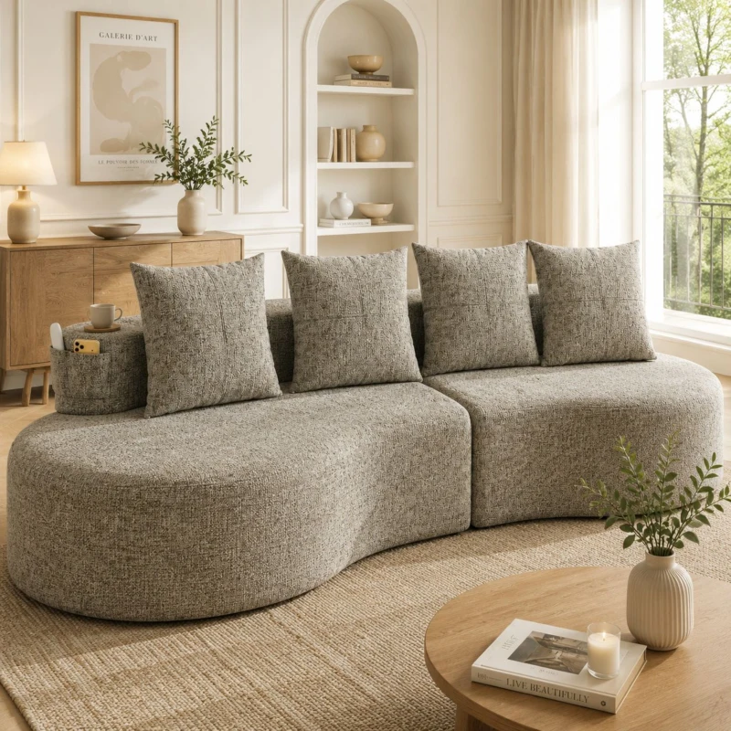 Leinensofa mit 4 Kissen, darunter Getränkehalter und Seitentaschen, 240L x 109B x 63H cm, Khaki