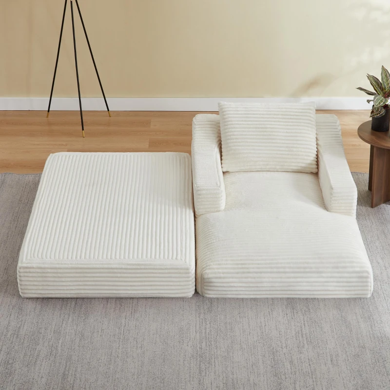Knochenloses Cord-Freizeitsofa, doppellagiges Design, kann in ein Bett gefaltet werden, 100L x 160B x 64H cm,Weiß