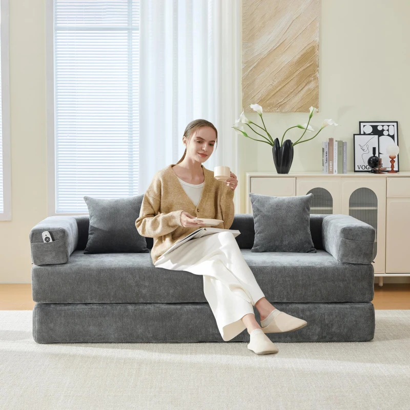 Modulares Chenille-Block-Sofa, frei kombinierbar, mit Seitentaschen zur Verstauung und rutschfestem Fahrgestell, Maße 198L x 79B x 60H cm, Dunkelgrau