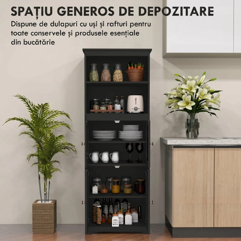 HOMCOM Dulap cămară cu 2 rafturi deschise și 2 dulapuri cu uși, din MDF și sticlă, 60x30x162 cm, negru