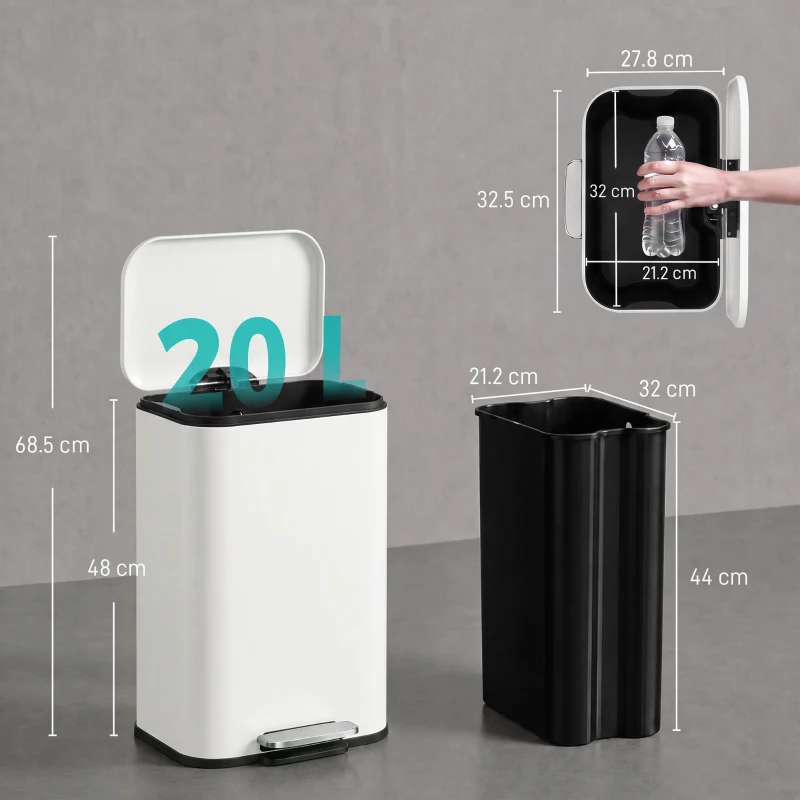 HOMCOM 20 L Kitchen Pedal Bin, Metal Rubbish Bin with Removable Inner Bucket, Soft-Close & Stay-Open Lid, Cream White