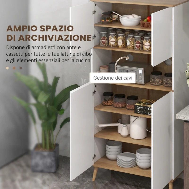 HOMCOM Credenza Cucina Alta Scandinava con 4 Ante, Ripiano Aperto, Ripiani Regolabili, 80x40x178 cm, Bianco