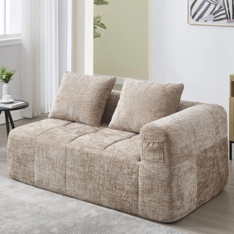 Bequemes Doppelsofa mit Kissen, Seitentaschen für Fernbedienung und Handy, 158X90X60 cm, Khaki