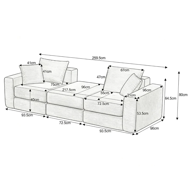 Knochenlose Sofabestuhlung mit rutschfester Basis, mit breiten Armlehnen, bequemen Rückenlehnen und einem hochelastischen Polster, Maße 259,5 L x 96 B x 64,5 H cm, Grün