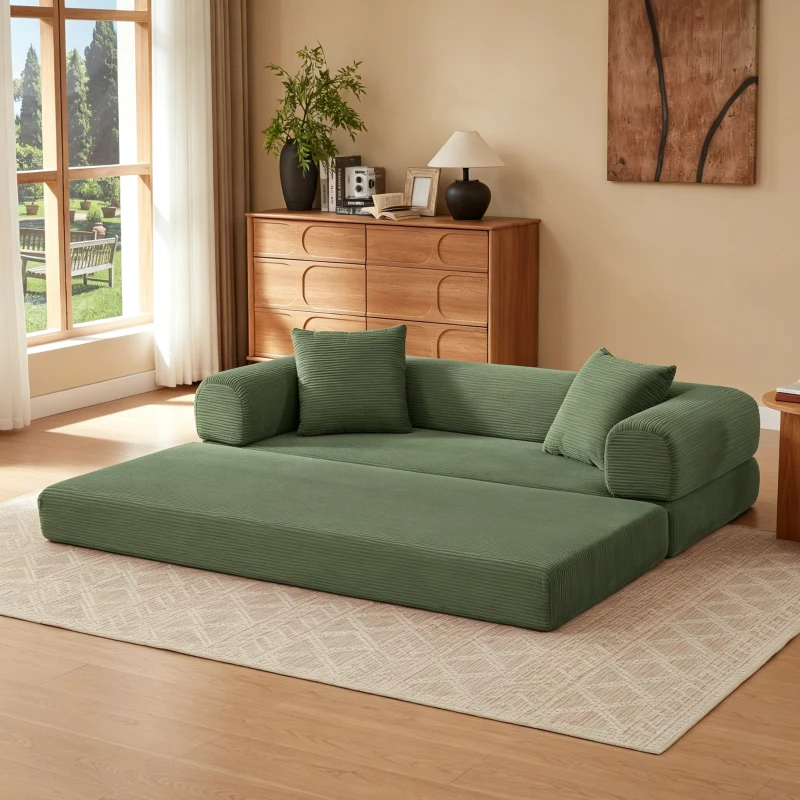 Tatami Style Boneless Sofa Combination Seat, umwandelbar zu einem Bett, geeignet für Wohnzimmer und Schlafzimmer, 195L x 89B x 59H cm, Grün