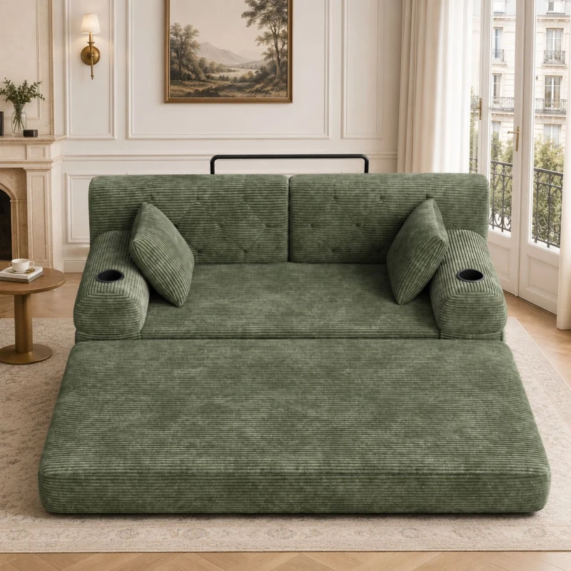 Doppeltes komprimiertes Cordsofa, Metallrahmen, 2 Becherhalter und 4 Seitentaschen, 168L x 80B x 81H cm,Grün