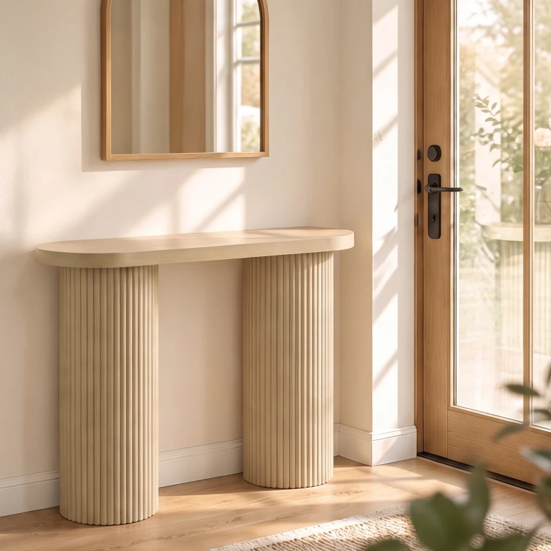 HOMCOM Table Console Cannelée, Rangement Dissimulé, Pieds Colonnes, Style Rustique, Console d'Entrée Étroite, 103x35x80cm Chêne