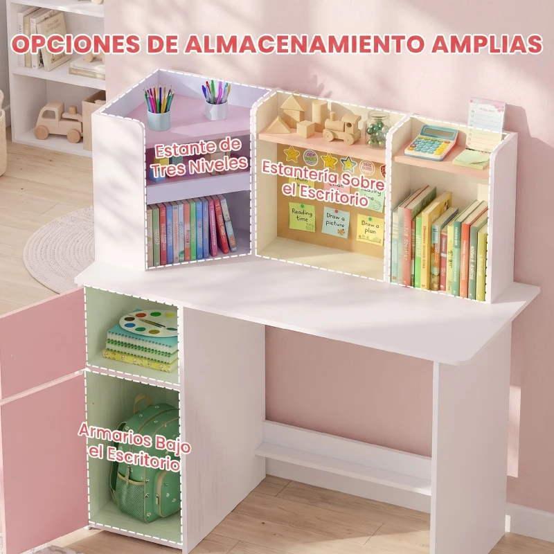 AIYAPLAY Escritorio Infantil con Silla Soporte Ajustable para Tablet Portalápices Tablero de Corcho Estantes Armarios Rosa