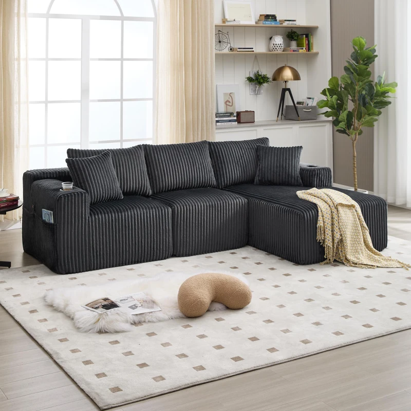 Modulares Sofaset mit Liegestühlen und Doppelbetten, 5 Kissen und 2 Getränkehaltern， 257X160X62 cm, Grau