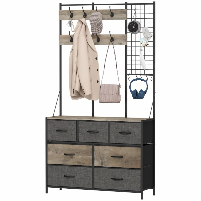 HOMCOM Cuier 4 în 1, Mobilier pentru hol cu 7 sertare pliabile din material textil, 14 cârlige şi panou grilaj, Gri cu efect de lemn