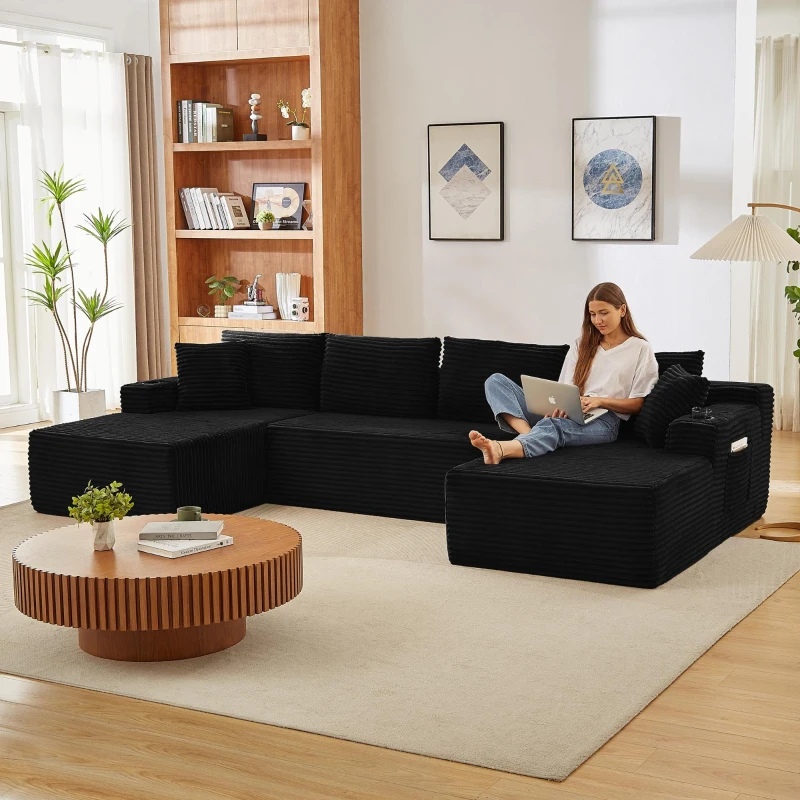 Modulares U-förmiges rahmenloses Cordsofa，mit tiefem Sitzdesign, geeignet für Wohnzimmer, 339L x 168B x 64H cm, Schwarz