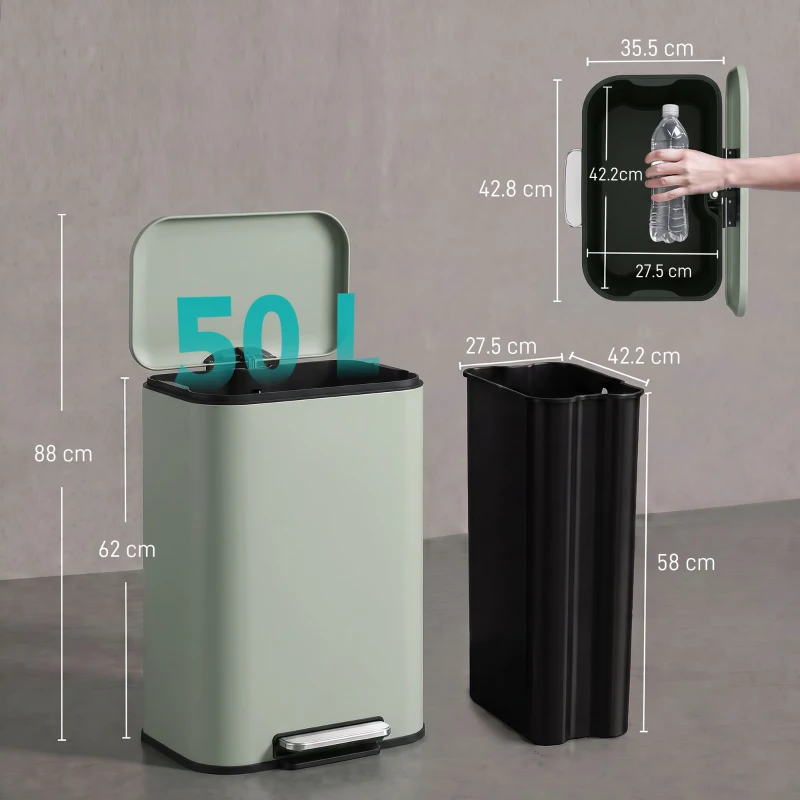 HOMCOM 50 L Kitchen Pedal Bin, Metal Rubbish Bin with Removable Inner Bucket, Soft-Close & Stay-Open Lid, Light Green
