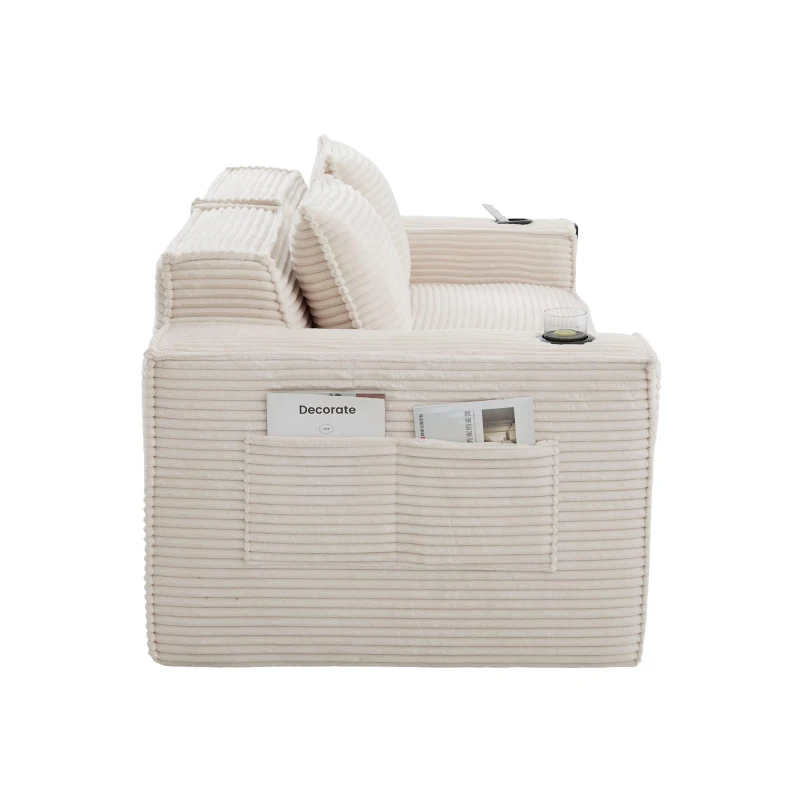 Modulares Doppelsitz-Cordsofa mit Becherhaltern und Seitentaschen, Federkern und hochdichtem Schaumstoff, 188L x 90B x 75H cm, Beige