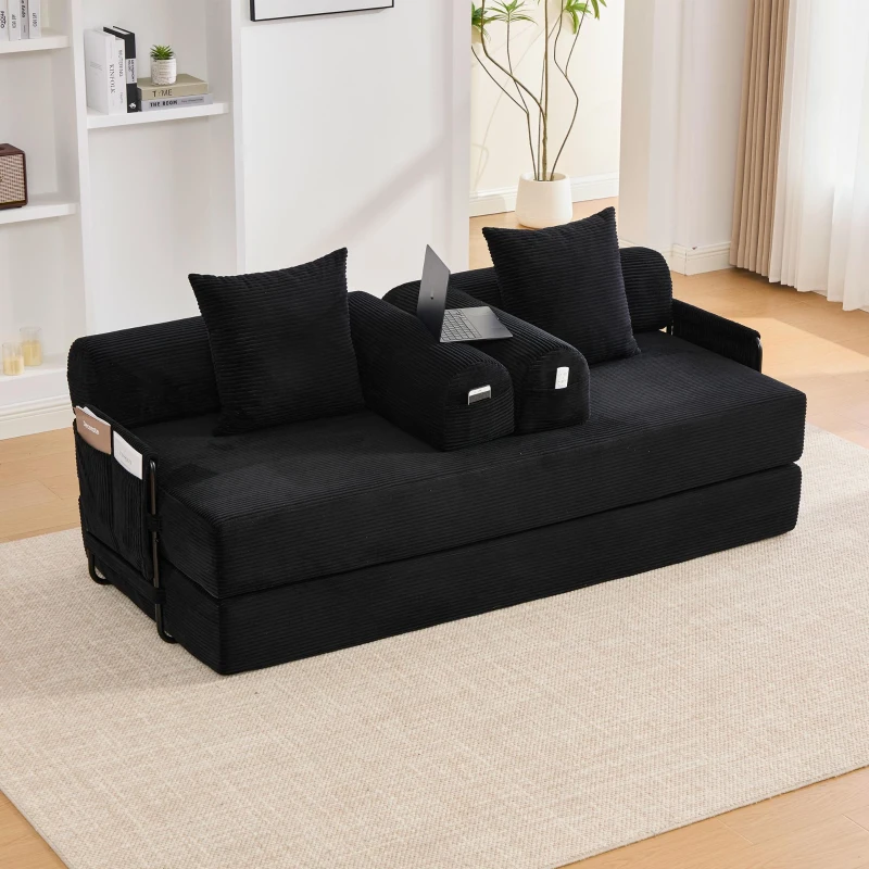 Faltbares Kompressionssofa mit stabilem Metallrahmen, Seitentaschen plus 3 Kissen, 200L x 94B x 67H cm,Schwarz