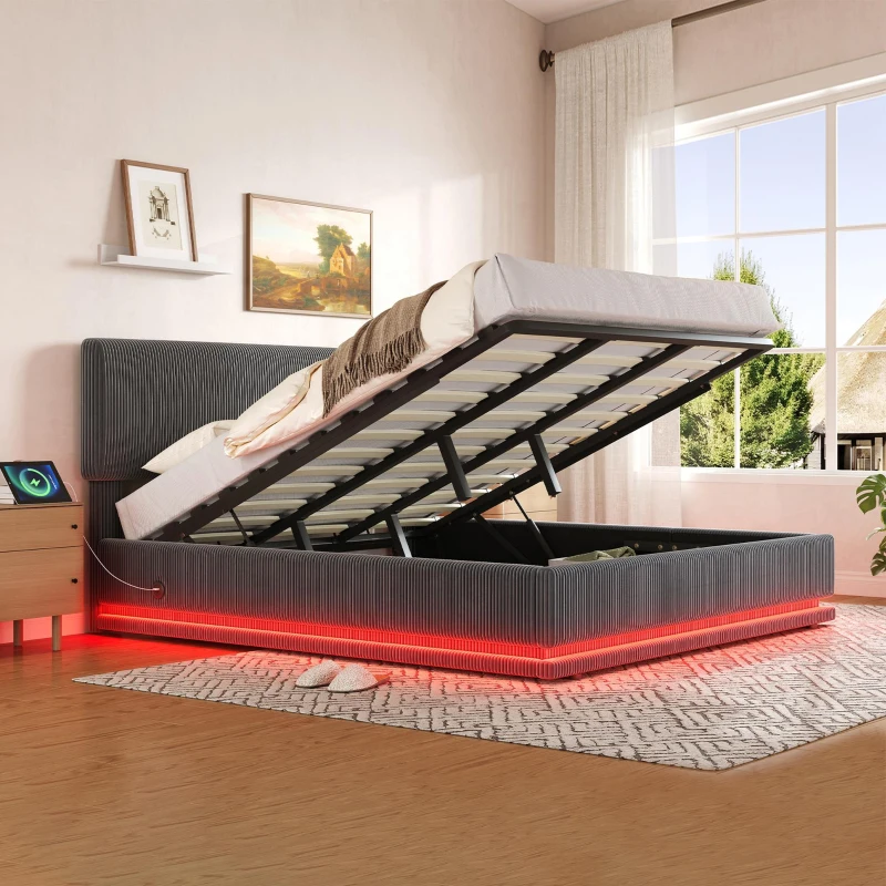 Modernes, gepolstertes Bett misst 180 x 200 cm, ausgestattet mit LED-Lichtern und USB-C-Lade, verstellbarer Kopfteilhöhe, stabilem gestreiftem Bettrahmen, 181L x 207B x 102/107/112H cm, Dunkelgrau