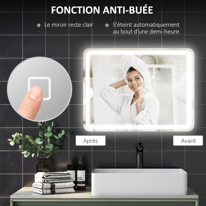HOMCOM Miroir de salle de bain 60 x 80 cm, miroir LED mural avec 3 couleurs lumière, dimmable, mémoire, anti-buée, argent