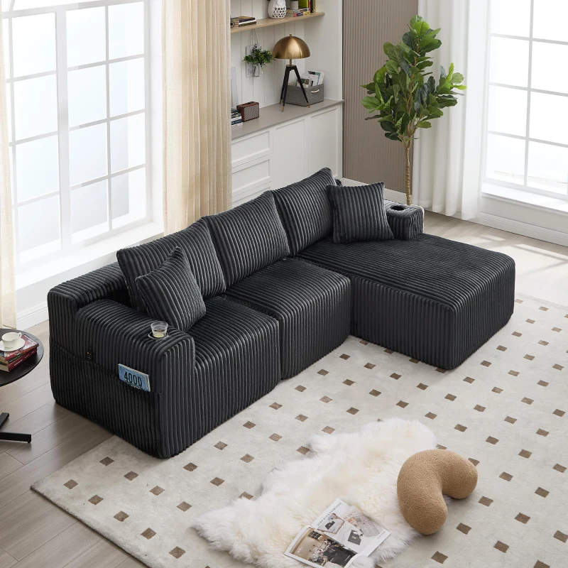 Modulares Sofaset mit Liegestühlen und Doppelbetten, 5 Kissen und 2 Getränkehaltern， 257X160X62 cm, Grau