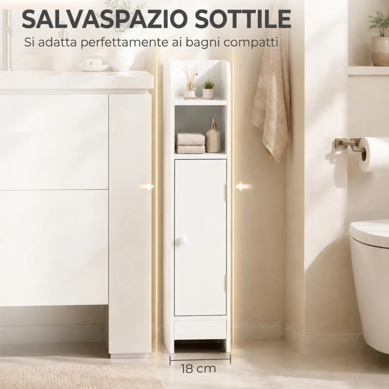 HOMCOM Mobile Bagno Slim Salvaspazio con Armadietto e Ripiano, 18x20x80 cm, Bianco