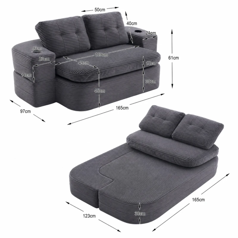 2-in-1 Cordsofa mit verstellbarer Funktion, 2 Getränkehaltern, hohe Rückenlehne und extra tiefe Sitzfläche, 165L x 97B x 61H cm,Dunkelgrau