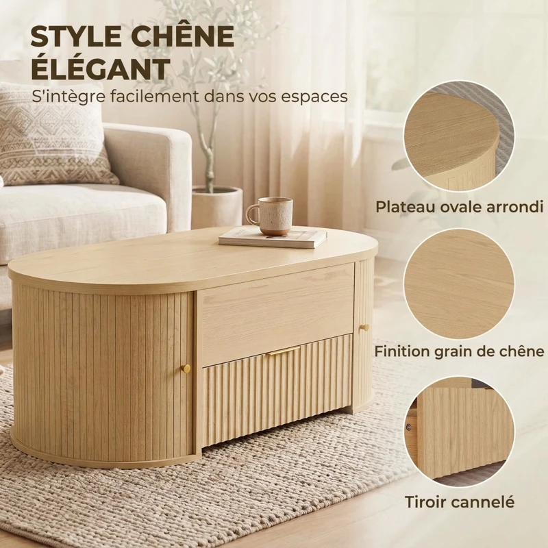 HOMCOM Table Basse Relevable Ovale, Compartiment Caché, Tiroir Cannelé, Portes Coulissantes et Placards, 100x50x40cm, Chêne