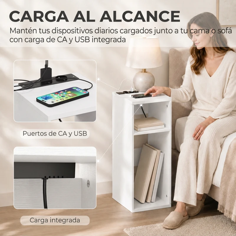 HOMCOM Juego de 2 Mesas Auxiliares con Estación de Carga 2 Tomas de Corriente, 2 Puertos USB y 2 Espacios Abiertos Blanco