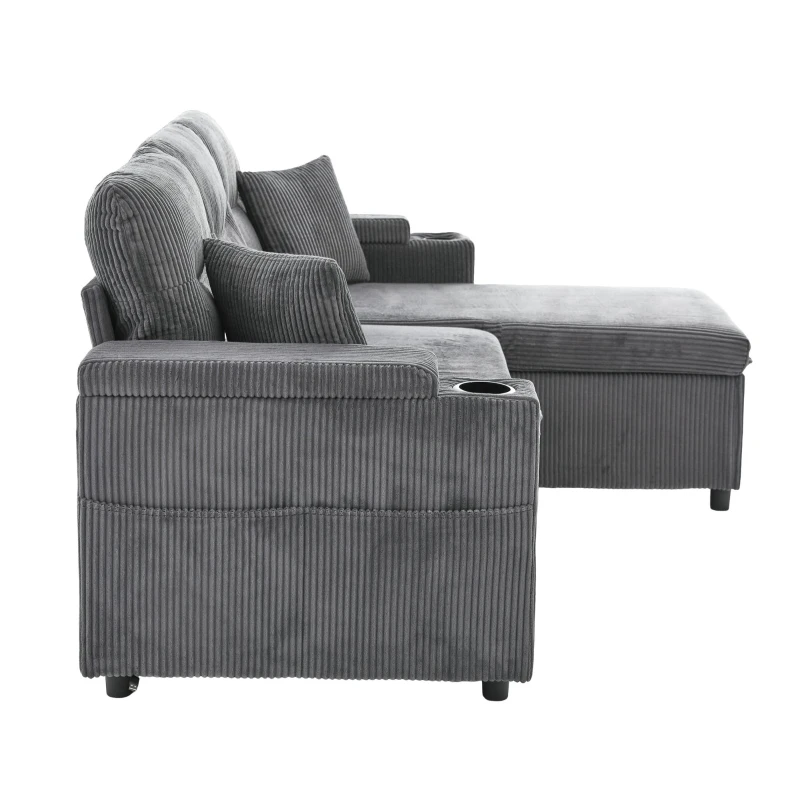 Modernes Cordsofa für drei Personen, mit Stauraum, Getränkehalter und USB-C-Anschluss, 212,5L x 136B x 86H cm, Carbongrau