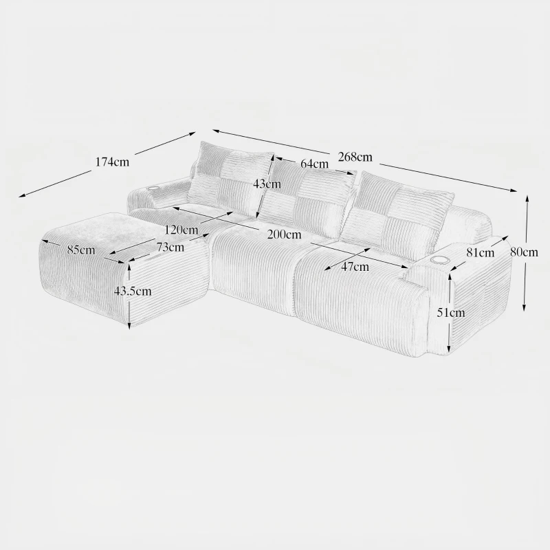 Modulares Cordsofa für drei Personen (inklusive Fußschemel), frei kombinierbar, ausgestattet mit Getränkehaltern und seitlichen Aufbewahrungstaschen, 268L x 174B x 80H cm, Schwarz