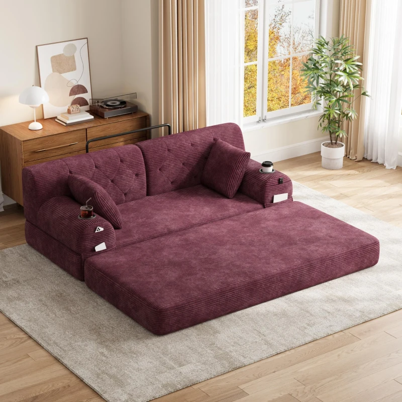 Doppeltes komprimiertes Cordsofa, Metallrahmen, 2 Becherhalter und 4 Seitentaschen, 168L x 80B x 81H cm, Weinrot