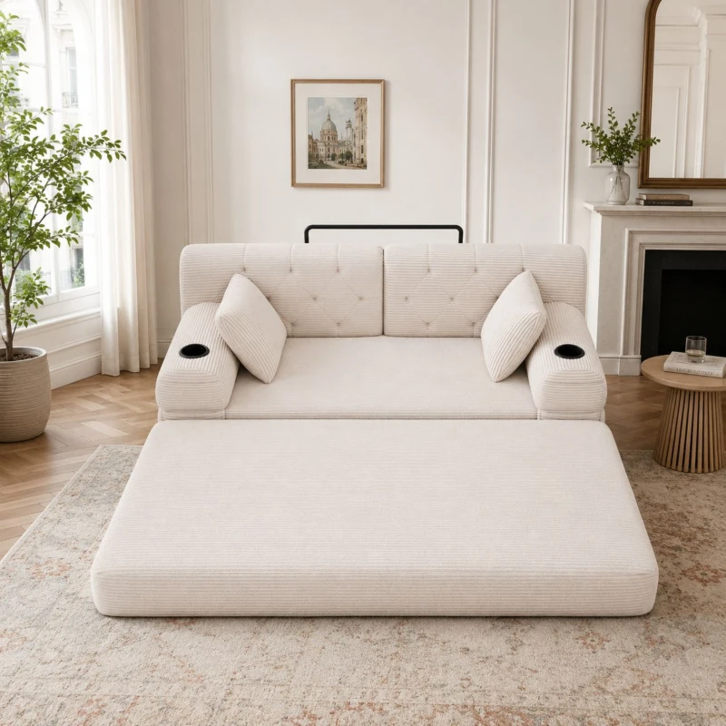 Doppeltes komprimiertes Cordsofa, Metallrahmen, 2 Becherhalter und 4 Seitentaschen, 168L x 80B x 81H cm, Beige