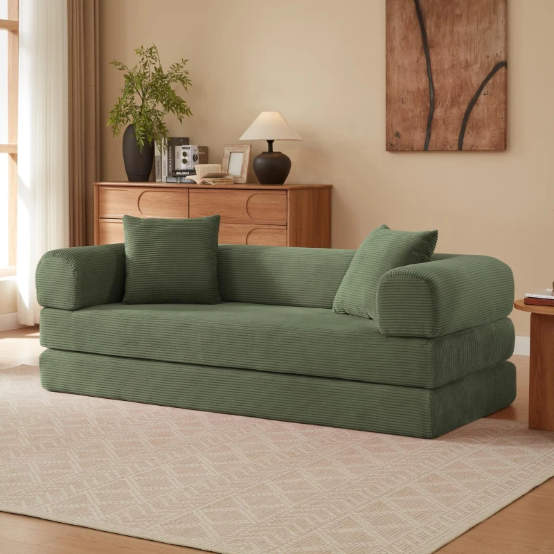 Tatami Style Boneless Sofa Combination Seat, umwandelbar zu einem Bett, geeignet für Wohnzimmer und Schlafzimmer, 195L x 89B x 59H cm, Grün