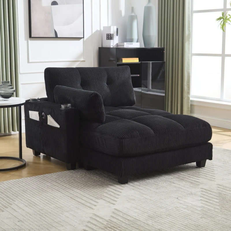 Palm-Sessel mit austauschbaren linken und rechten Armlehnen, drei Becherhaltern und einer Seitentasche, USB-Anschlüssen an den Seitenlehnen, 140L x 112B x 81H,Schwarz