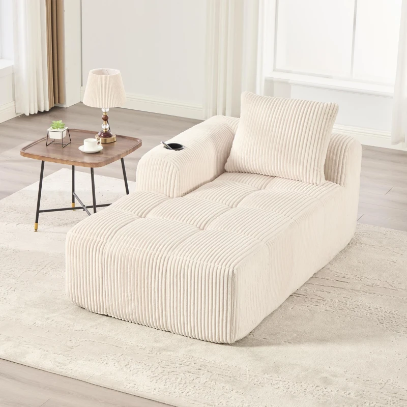 Bequemes Cordsofa mit Rückenlehne, seitlichen Aufbewahrungstaschen für Fernbedienung und Handy, eingebauter Getränkehalter, 158X93X61 cm, Beige