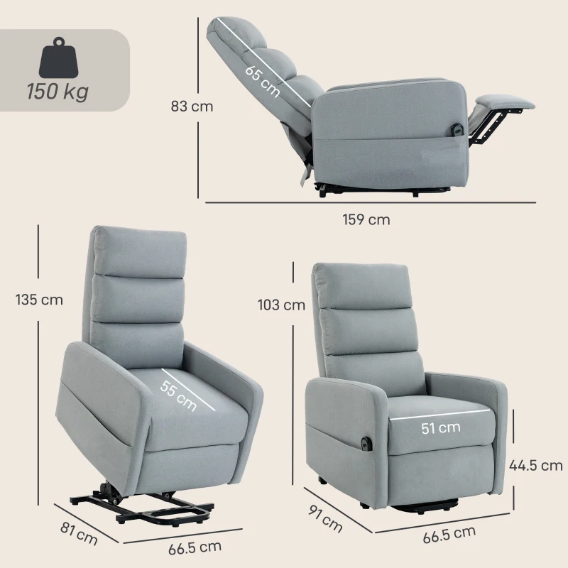 HOMCOM Fotoliu relax electric cu ajutor la ridicare, Telecomandă, Spumă moale, Buzunar lateral, Tapițerie cu aspect de in, Gri