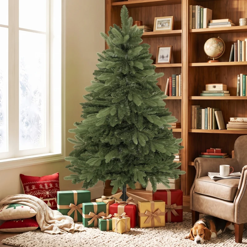 HOMCOM Künstlicher Weihnachtsbaum 150 cm, Edeltanne, voll mit Klappästen, 525 Spitzen, faltbarer Holzständer, Grün
